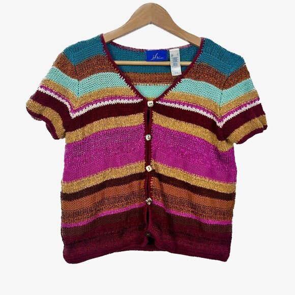 JH Collectibles Sweaters - Vintage J.H. Collectibles Striped Short Sleeve Color Block Knit Cardigan Sz.S